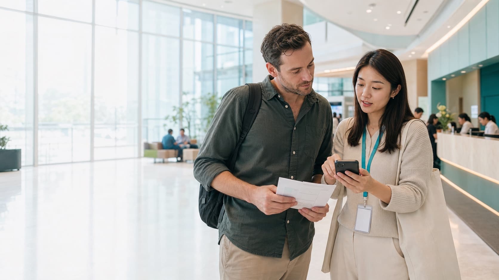 A bilingual companion helping an international visitor navigate hospital registration in China